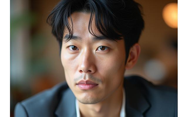 落ち着いた雰囲気の30代男性のクローズアップ。肌は健康的で、穏やかなツヤがある。